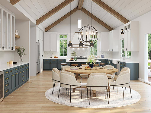 The Open Kitchen and Dining Space in a Transitional Farmhouse with a Cathedral Ceiling
