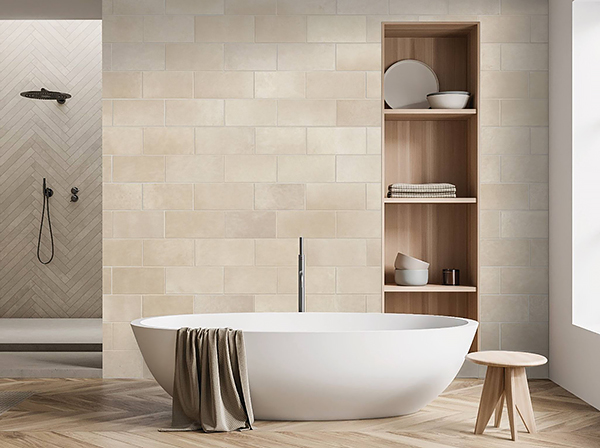 A Chic Bathroom Design with Large-Face Stone in a Subtle Warm Tone