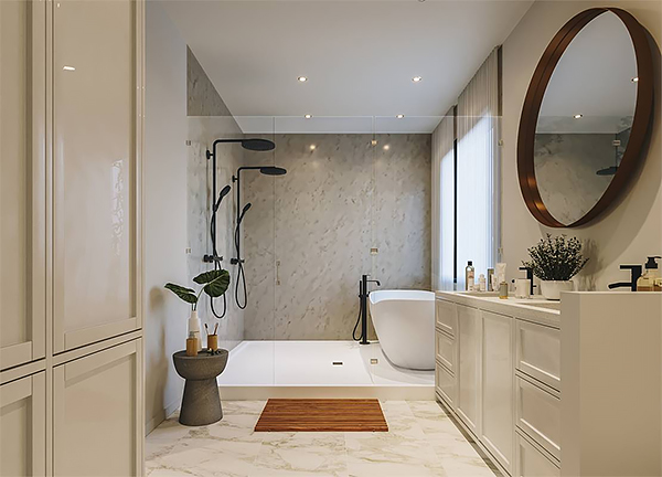 The Master Bathroom with Euro-Style Shower in a Large Contemporary Cottage