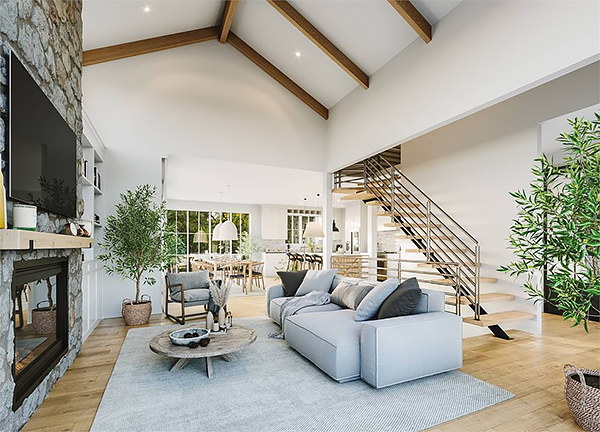 The Cathedral Living Room Looking Toward the Kitchen and Dining Area in a Unique Modern Farmhouse