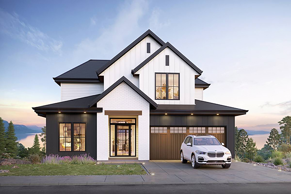 A Two-Story Modern Farmhouse with Four Split Bedrooms, an Office, and Vaulted Open Living