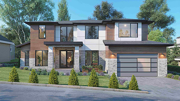 A Grand Contemporary Home with Mixed Exterior Materials and 5 Bedrooms on 2 Stories