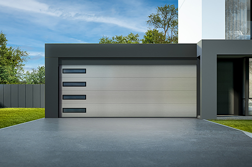 A Steel Garage Door with Slim Windows Outlined in a Contrasting Frame