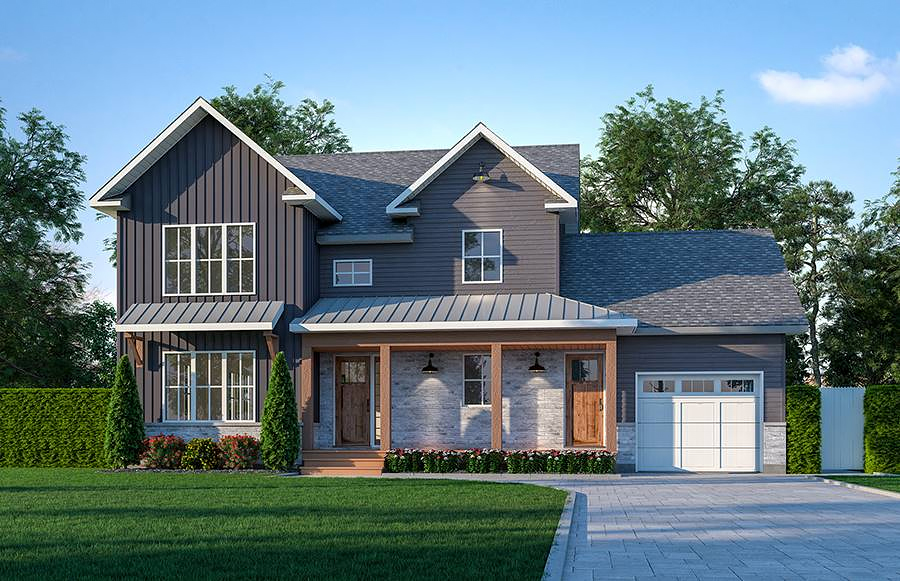 A Two-Story Farmhouse with Living Space and an Office on the First Floor and Three Bedrooms Upstairs