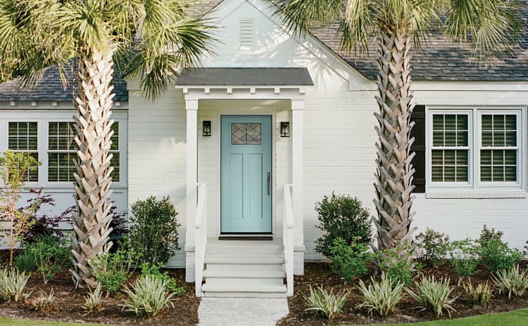 An Ice-Blue Shaker-Style Entry Door with Chic Glass in the Top