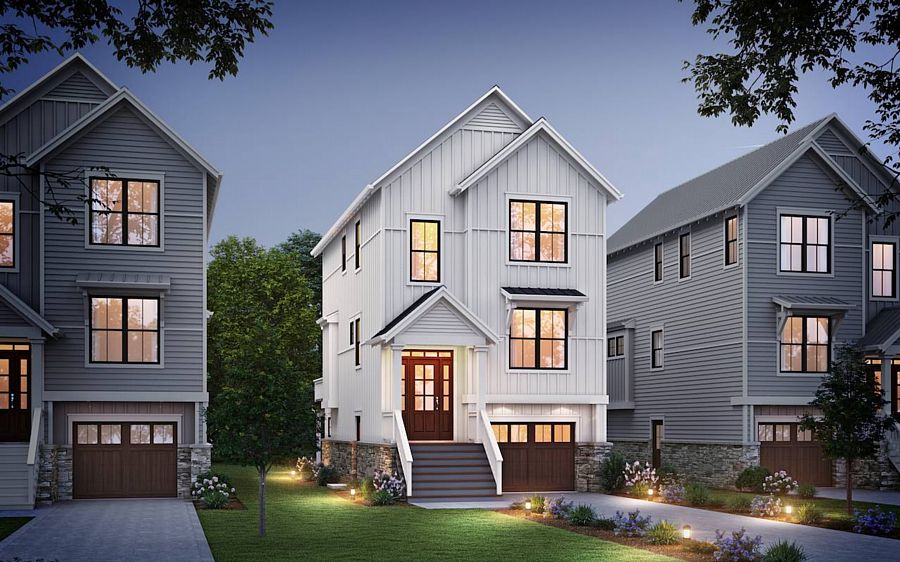 A Three-Level Narrow Farmhouse-Style Townhouse with Four Bedrooms and a One-Car Garage