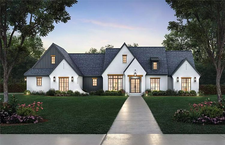A Chic Ranch with Streamlined Gables, Mixed Siding, and Four Split Bedrooms