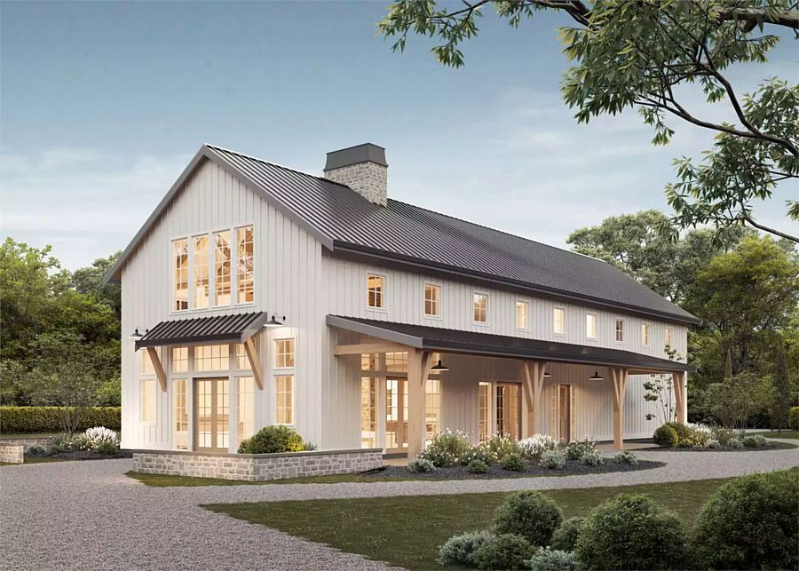 A Luxe Barndominium with Voluminous Living, a Country Kitchen, Three Grouped Bedrooms, and More