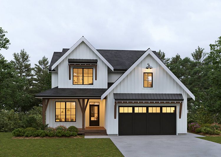 A Midsize Two-Story Farmhouse with Living Space and Den on the Main Level and Four Bedrooms Upstairs