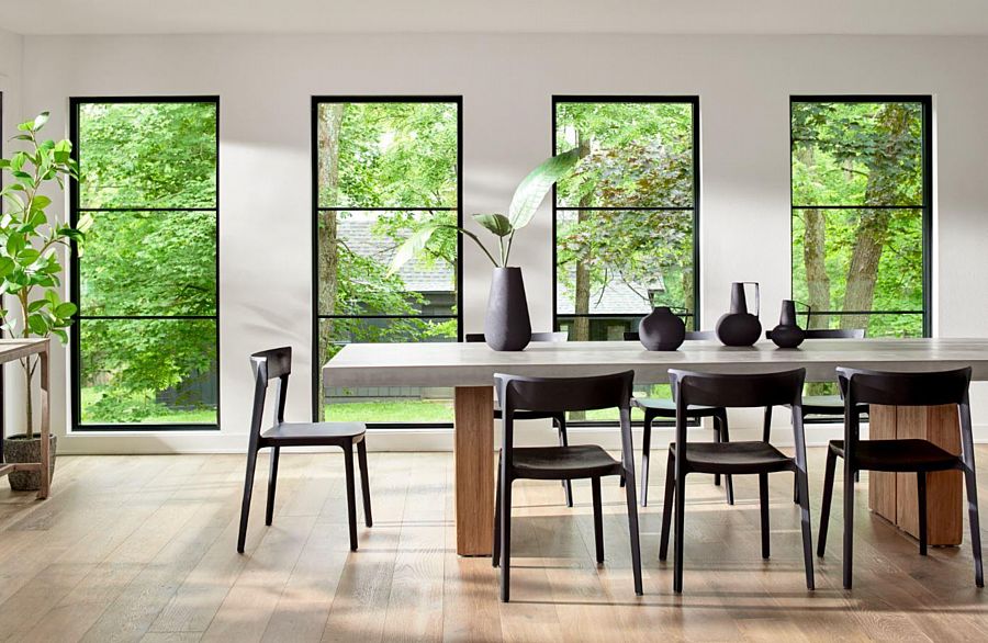 A Modern Kitchen with Fixed Fiberglass Windows with Greenery Outside