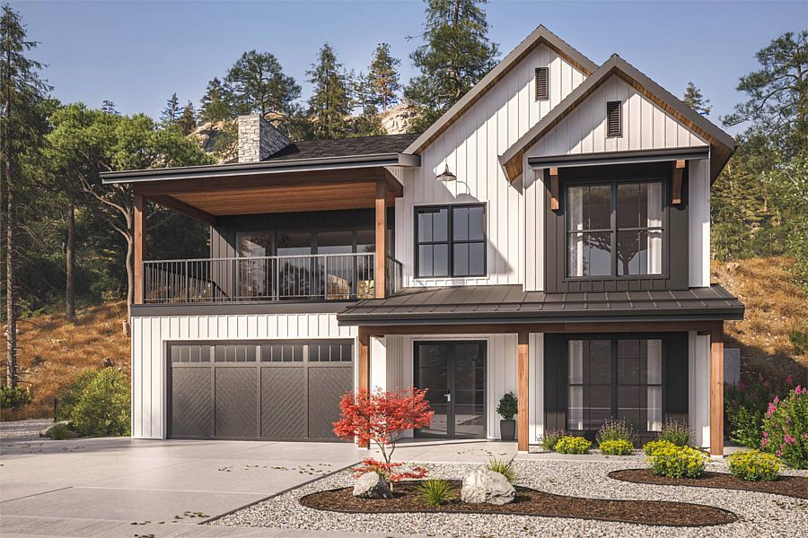 A Modern Farmhouse for an Upslope with a Tandem Garage and Inverted Floor Plan