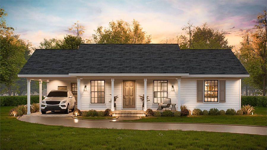 A Small Ranch with Grouped Bedrooms, an Eat-in Kitchen, a Living Room, and a Carport