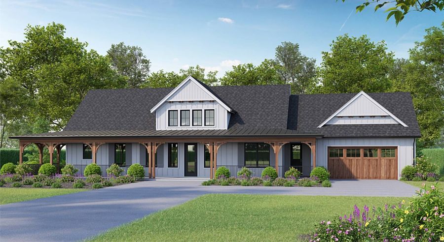 A Wide Country Home with a Huge Front Porch, Open Living, an Office, and Split Bedrooms