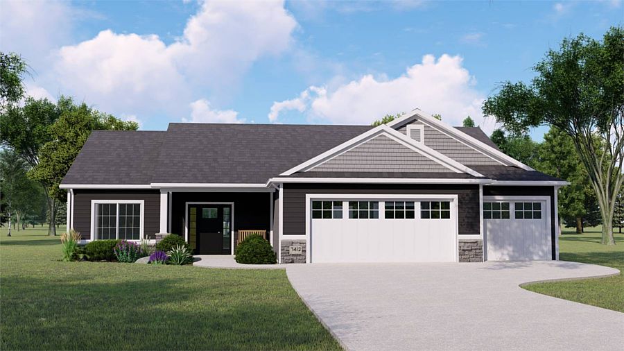 A Small Ranch with 1,630 Square Feet, 3 Bedrooms, 2 Bathrooms, and a 3-Car Front-Entry Garage
