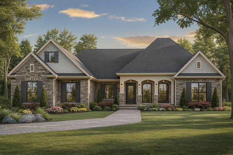 A French Country Ranch with Split Bedrooms and a Semi-Defined Floor Plan with Stone and Brick