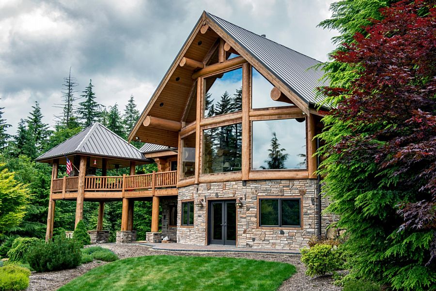 A Rustic Log Home with Stone along the Walkout Basement