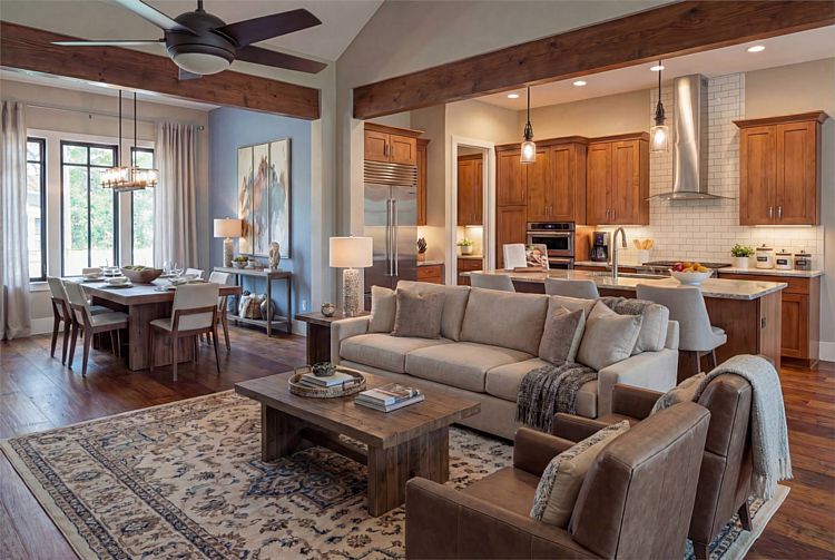 The Kitchen, Living, and Dining Areas in a Rustic Modern Farmhouse with 4 Bedrooms