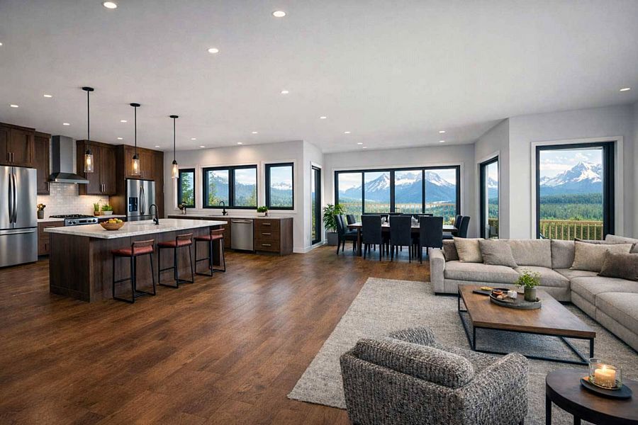 The Totally Open Great Room with Views Framed by Large Windows in a Luxury Modern Home