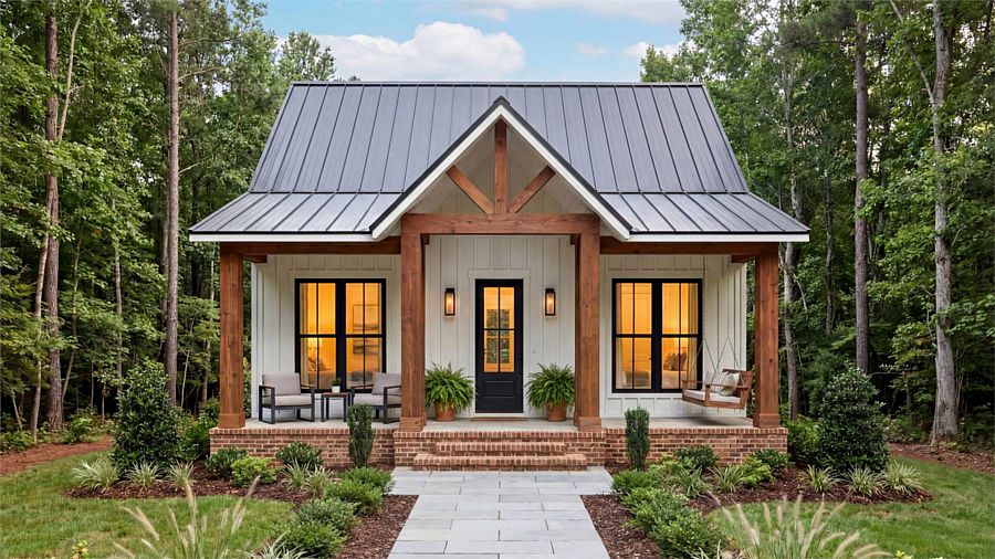 A Narrow Country Home with 965 Square Feet, 2 Bedrooms, and 1 Bath in a Rectangular Footprint