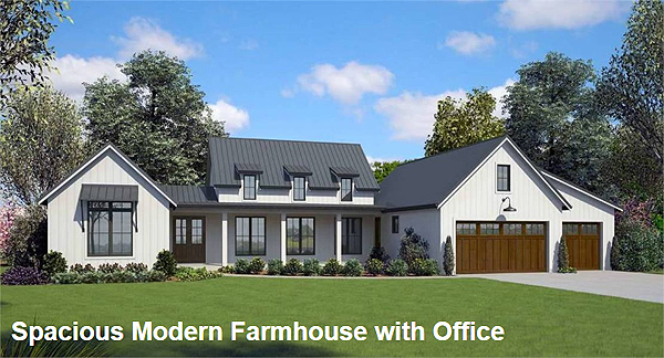 A Modern Farmhouse with Three Bedrooms on One Side, a Vaulted Great Room, Then an Office
