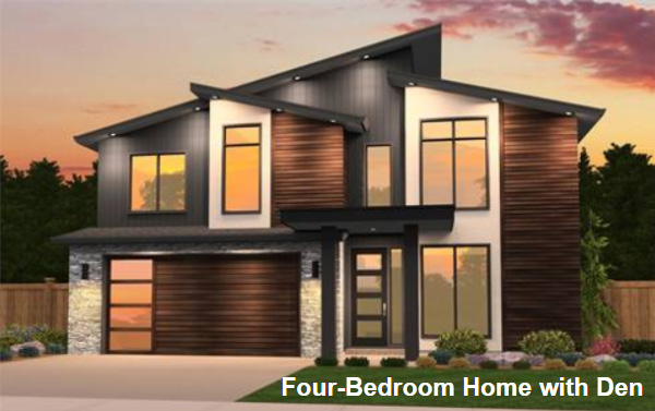 A Mid-Size Contemporary Home with Bedrooms Upstairs and Den and Great Room Below